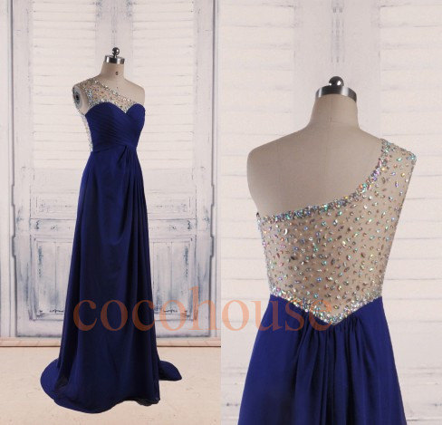 Mariage - Dark Royal Blue Beaded Long Prom Dresses 2015, One Shoulder Bridesmaid Dresses, Evening Dresses, Wedding Party Dresses, Formal Party Dresses