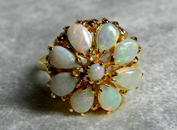 Hochzeit - Opal Ring Opal Engagement Ring Antique Australian Blue Opal Art Deco Opal Halo Engagement Ring 14K October Birthday