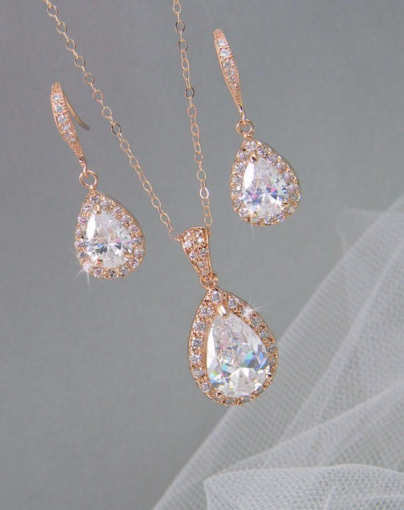 Hochzeit - Rose Gold Bridal Set, Bridesmaids Jewelry Set, Crystal Pendant and Earrings, Wedding Jewellery, Ariel Rose Gold Bridal Jewelry SET