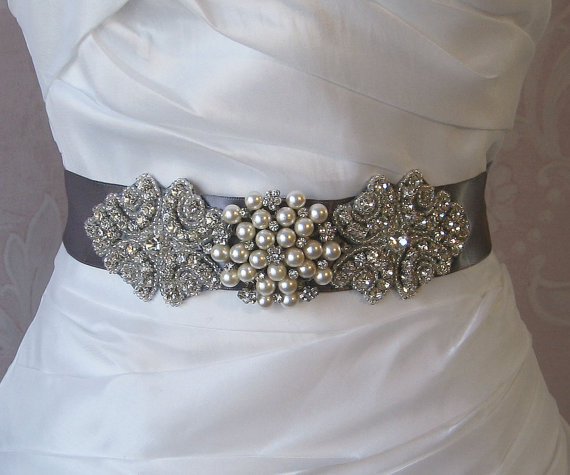 زفاف - Gray Rhinestone and Pearl Sash, Pewter Grey Bridal Sash, Dark Gray Wedding Belt, Custom Colors - FRANCESCA