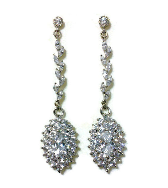 Mariage - Long Dangle Bridal Earrings, Twig Jewelry, Pave Cz Earrings, Marquise Cubic Zirconia, Woodland Wedding, GLAMOUR