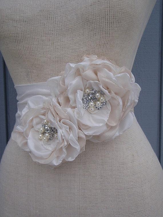 Mariage - Wedding bridal off  white , champagne color  handmade two  flowers sash