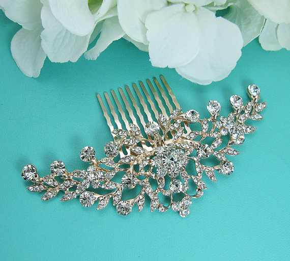 Mariage - Bridal hair accessories, rose gold wedding hair comb, floral rhinestone hair comb hair comb wedding headpieces, vintage comb, silver comb