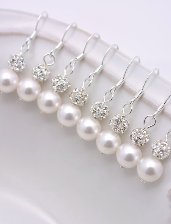 Hochzeit - 3 Pairs Bridesmaid Earrings, 3 Pairs Pearl and Rhinestone Earrings, Bridesmaid Pearl Earrings, Pearl and Crystal Earrings 0061