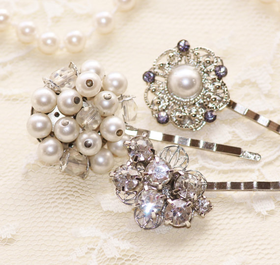 Wedding - Vintage Couture Silver Rhinestone & Pearl Bridal Hair Pins,Bridal Bobby Pins,Repurposed Vintage Jewelry,Heirloom,Something Old,Weddings,Grey
