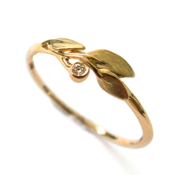 زفاف - Leaves Diamond Ring No. 1 - 18K Gold and Diamond engagement ring, engagement ring, leaf ring, filigree, antique, art nouveau, vintage