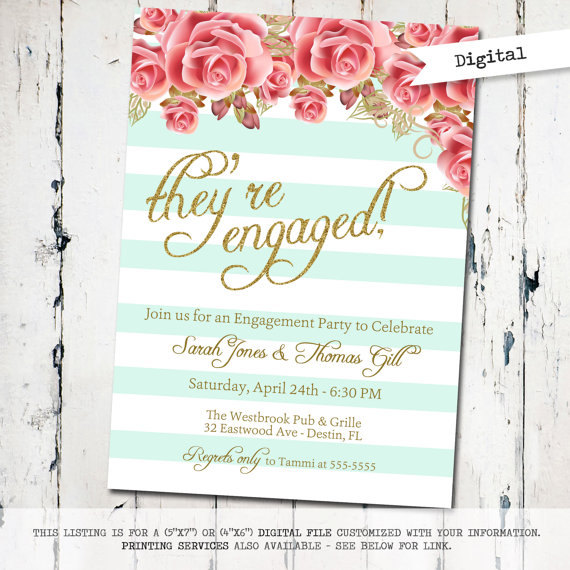 Mariage - Floral Engagement party Invitation, modern shower invite, mint striped engagement invite, sparkle, digital file, printable (JPD198)
