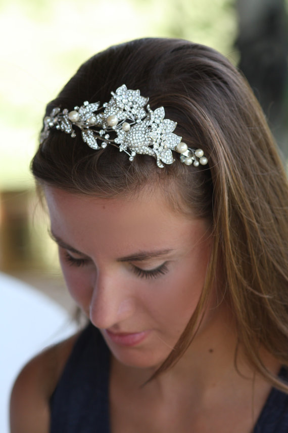 زفاف - Tulip Bridal Headband, Hair Accessories, Wedding Head band, Swarovski tiara, pearl headband, Crystal headband