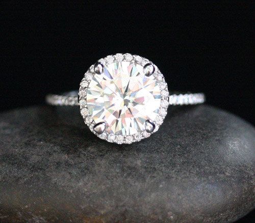زفاف - Forever Brilliant Round Moissanite Engagement Ring In 14k White Gold With Moissanite Round 9mm And Diamond Halo Ring