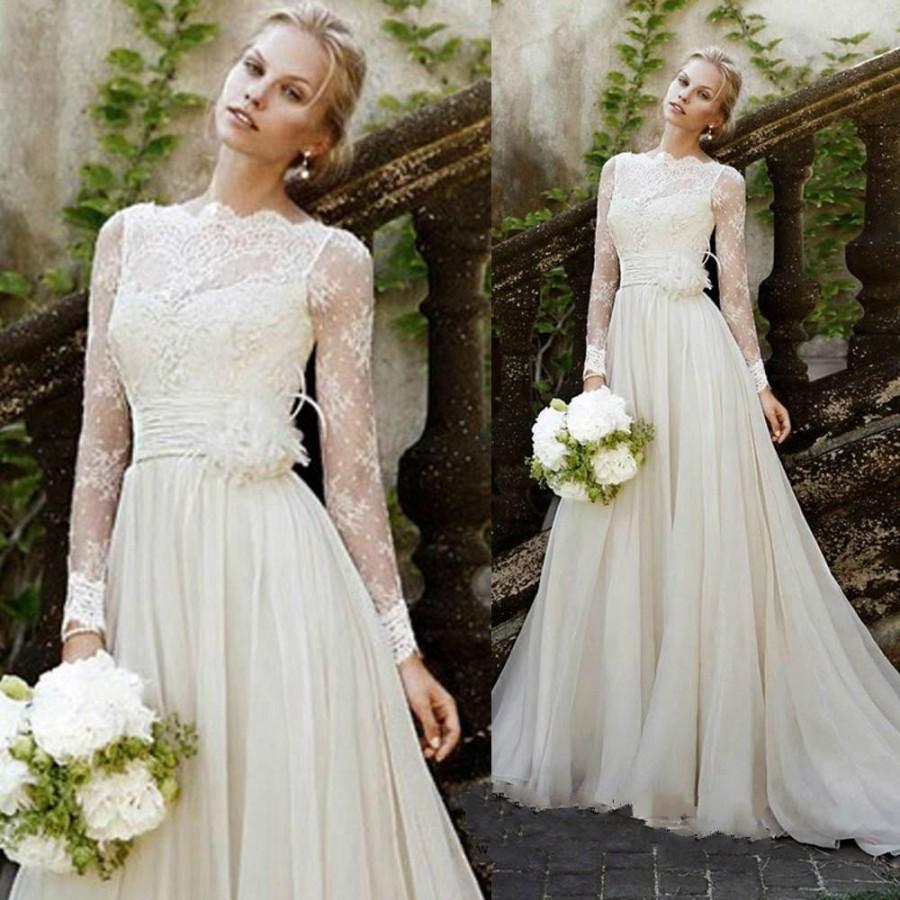 زفاف - 2015 New Design Vintage Wedding Dresses Illusion Garden Sash Lace Long Sleeve Bridal Dresses Ball Gowns A Line Chiffon Vestido De Marriage Online with $126.39/Piece on Hjklp88's Store 