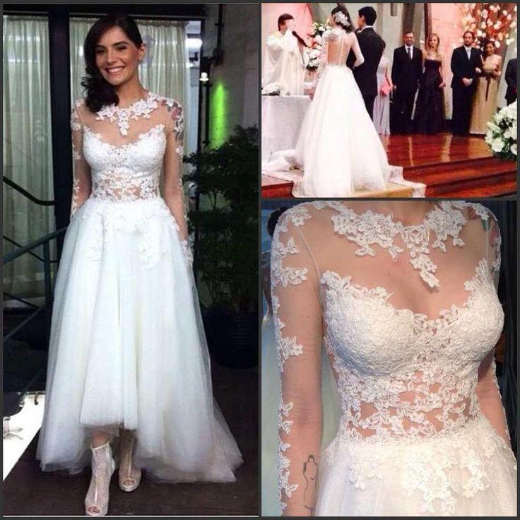 Mariage - 2015 Delicate Wedding Dresses With Sheer Neck Illusion Long Sleeves Appliques Tulle Hi Lo Wedding Gowns Ball See Through Back Real Image Online with $121.05/Piece on Hjklp88's Store 