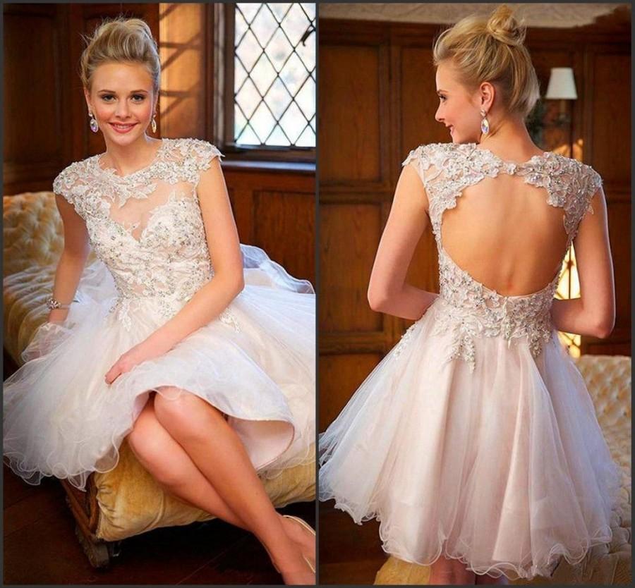 Wedding - New Arrival Beach Jewel Neck Wedding Dresses Garden Capped Gowns Beaded Sheer Hollow Sexy Tulle 2015 Applique Bridal Ball Knee Length Online with $105.03/Piece on Hjklp88's Store 