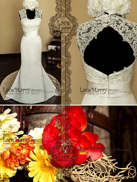 زفاف - Royal Flower Lace Top Trumpet Style Satin Wedding Dress with Built-in Satin Sash and Chapel Train Featuring Keyhole Back and Scoop Neckline