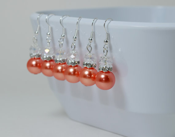 Wedding - Pearl Dangle Earrings, Coral Pearl Earrings, Pearl and Crystal Earrings, Coral Pearl Earrings, Bridal Jewelry,Pearl Jewelry, Crystal Jewelry