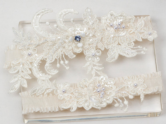 زفاف - Ivory Lace Garter Set / Something blue Wedding Garter Set/ Bridal Garter Set / Ivory Garter Set / Wedding Garter Belt