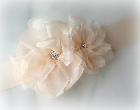 Wedding - Pale Blush Sash, Petal Pink Bridal Sash, Wedding Belt with Organza Flowers -  MIMOSA