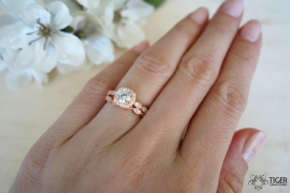 Mariage - 3/4 Carat Halo Wedding Set Art Deco Vintage Bridal Rings, Man Made Diamond Simulants, Engagement Rings, Wedding, Sterling Silver & Rose Gold