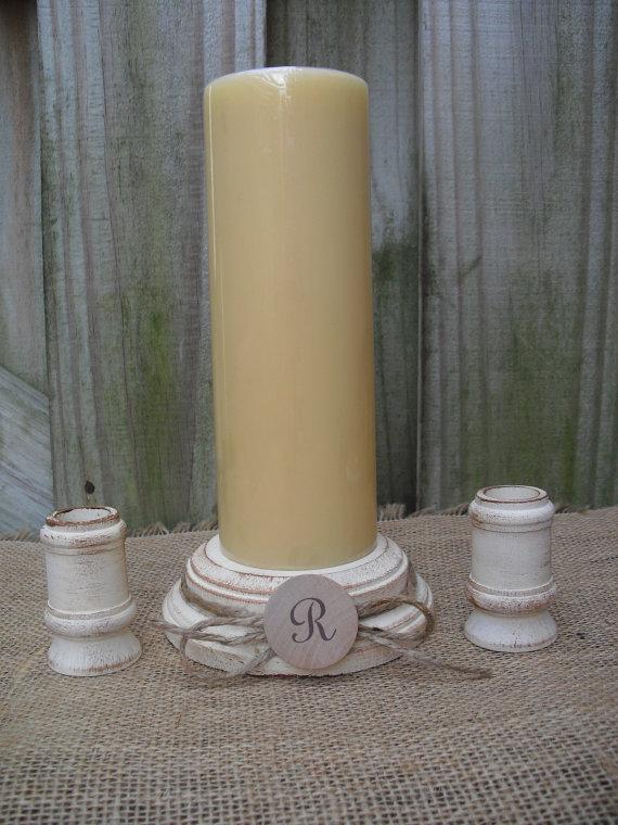 Mariage - Shabby Chic Wood Wedding Monogram Unity Candle Holder Set - You Pick Color - Item 1563