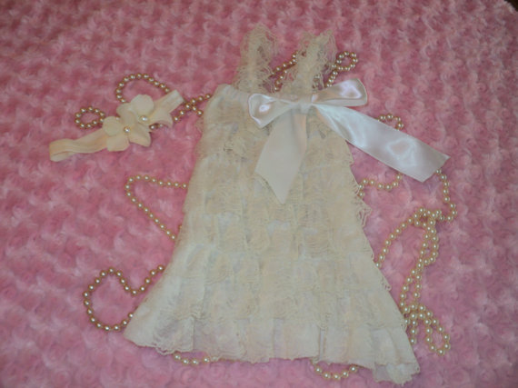 Hochzeit - Ready to ship baby infant girl size small ivory petti lace ruffle dress, Baptism, Christening, Wedding, Photo Prop, made to match headband.
