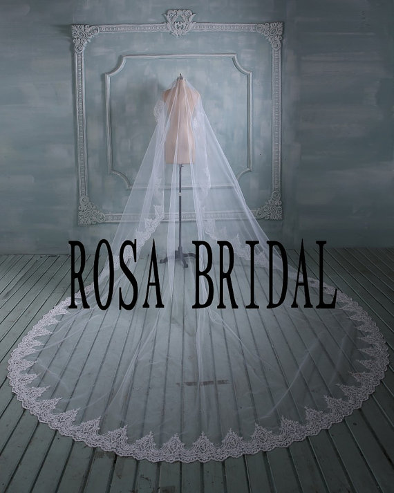 زفاف - Bridal lace veil cathedral, Long wedding veil, Lace edge long wedding veil, Wedding bridal veil, 1T bridal veil with comb White / Ivory