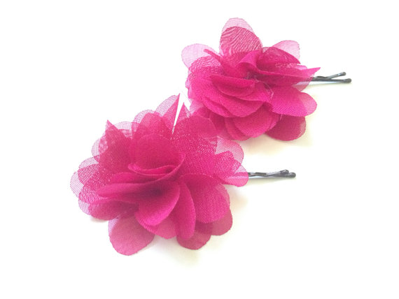 Свадьба - Bright Pink Chiffon Bridesmaids Hair Pin Hair Accessory Flower girl hair clip Brides Floral Bobby Pins Fushia Wedding Women's headpiece