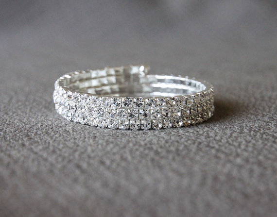 Wedding - Silver Rhinestone Braclet - Three row design, adjustable.  Perfect bridal, bridesmaide, wedding bracelet jewelry