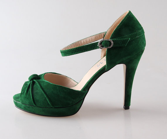 زفاف - Dark green emerod sheepskin leather shoes , suede leather D'orsay heels wedding bridal bridalmaids shoes , vintage clip shoes