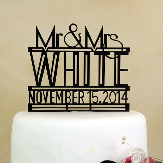 Wedding - Art Deco Mr. and Mrs. personalized and dated "in your name and date" wedding cake topper by Distinctly Inspired (style RD-4)