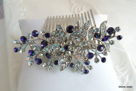 Hochzeit - Bridal Purple Swarovski Crystal Wedding Comb,Wedding Hair Accessories,Vintage Style Purple Leaf Rhinestone Bridal Hair Comb,Purple,Clip,KATY