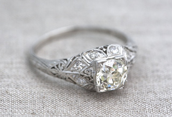 زفاف - Exquisite Edwardian Platinum Engagement Ring (1.11ctw; c. 1910) with .96 ct Old European Cut Diamond and Single Cut Diamond Accents R55