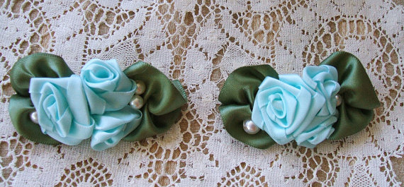 Wedding - Shoe Clips Victorian Hand Stitched Ribbon Rose & Pearls in Tiffany Blue