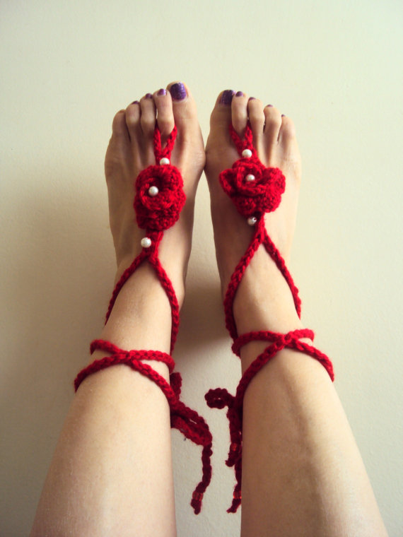 زفاف - Red Barefoot Sandals Crochet Beach Sandals Foot Jewellery Wedding Accessory Women Clothing Fashion Accessories Anklet Nude Shoes