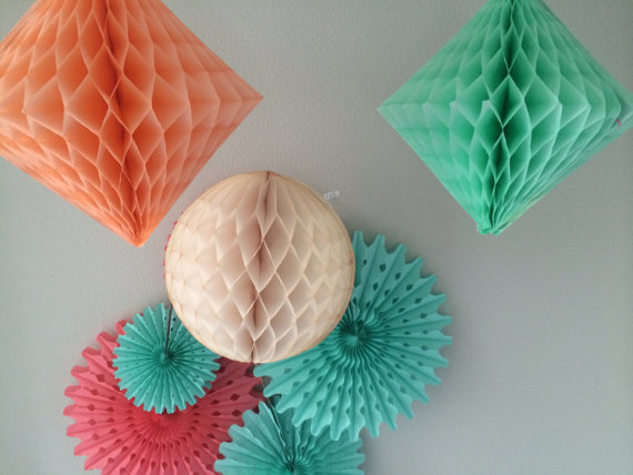زفاف - Honeycomb and Tissue Pom Pom Mix DIY Decor Kit - 10 Pom Wheels Hanging Fan Hour Decor - Diamonds - Baby Mobile - Accordion Lantern Paper