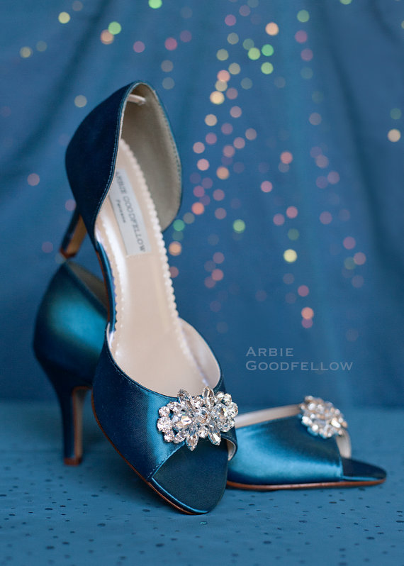 Mariage - Wedding Shoes - Blue Wedding Shoes - Dyeable - Choose From Over 100 Colors - Heel Is 2.5 Inches -  Crystal - Bridal - Peep Toe - By Parisxox
