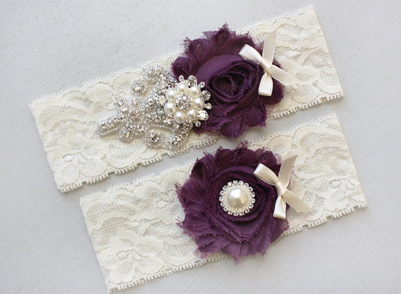 Hochzeit - NIKKITA - Plum Chiffon Rose Wedding Ivory Lace Garters, Pearl Rhinestone Bridal Garter Set