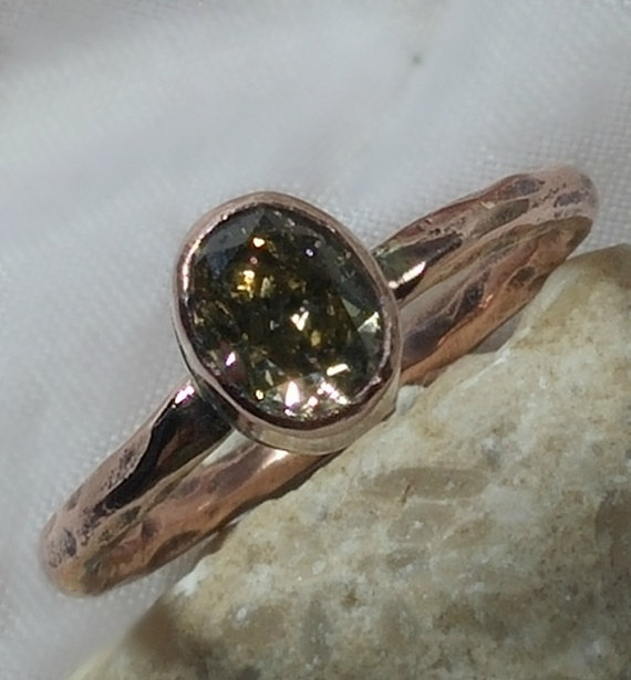 زفاف - Diamond Ring, Champagne Diamond Engagement ring, solid gold  14 kt rose gold and diamond ring,  rose cut diamond and  yellow gold ring