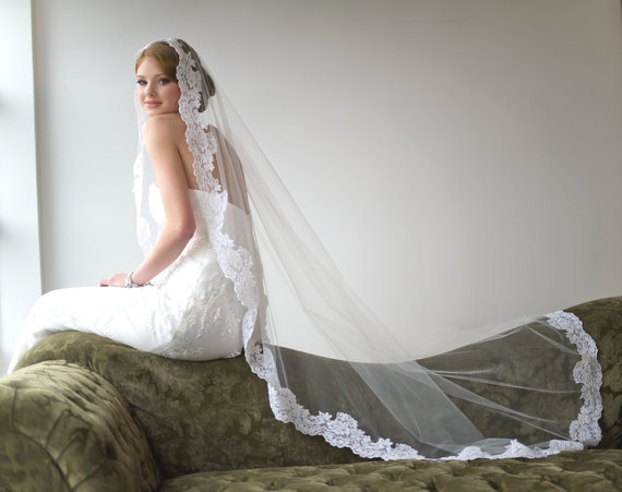 Wedding - Bridal Veil, Traditional Veil,  Mantilla Chapel Length Veil, Wedding Veil, Lace Veil, Wedding Hair Accessory, Long Veil