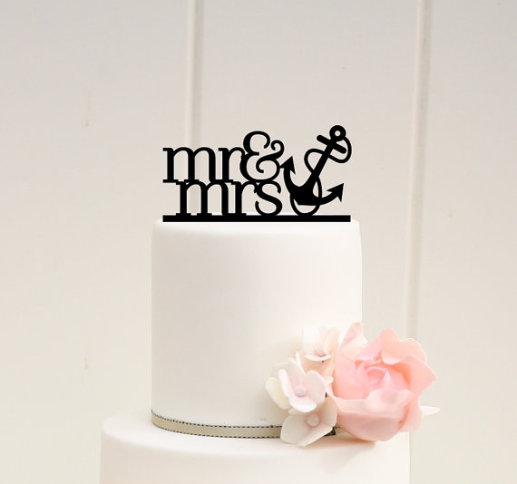 Wedding - Mr & Mrs with Anchor Wedding Cake Topper - Nautical Beach Cake Topper