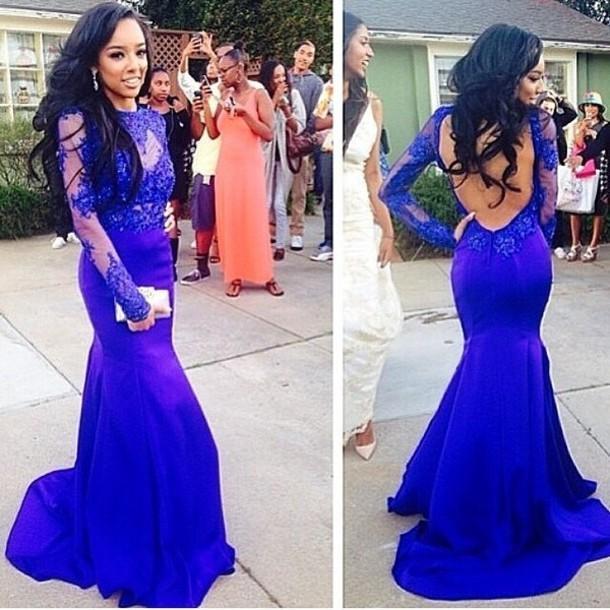 Mariage - 2015 Mermaid Blue Prom Dresses With Long Sleeve Sweep Train Backless Appliques Lace Jewel Blue Custom Made Prom Evening Gowns Party Dress Online with $95.15/Piece on Hjklp88's Store 