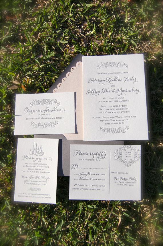 Hochzeit - LDS Wedding Invitations, Letterpress Wedding Invitations, Blush and Charcoal Wedding Invites DEPOSIT
