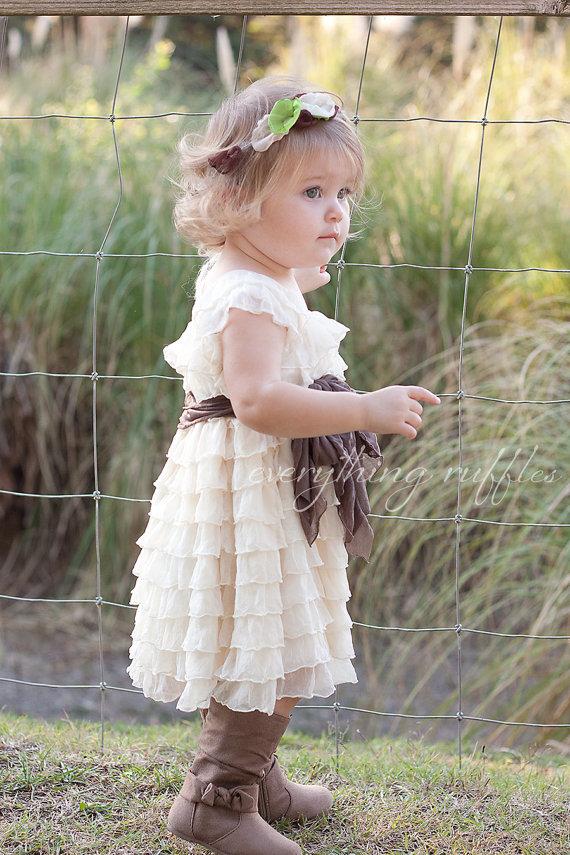 Hochzeit - Ivory with Taupe Sash Flower Girl Dress by Everything Ruffles - Cap Sleeves, 2 INCH Ruffles