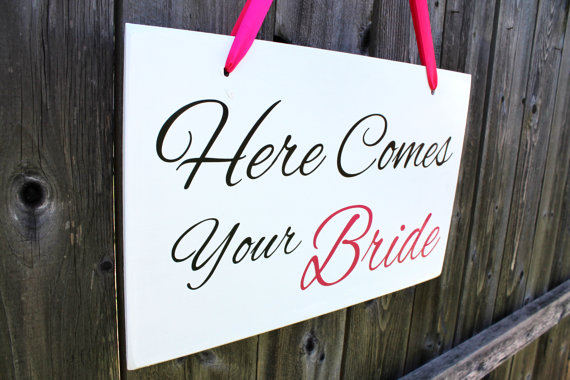 زفاف - 10" x 16" Wooden Wedding Sign:  Double Sided here comes your Bride and Mr. & Mrs. .......... Est. Date