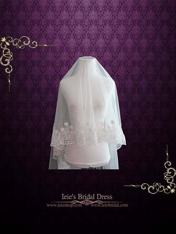 زفاف - Floral Lace Mantilla Wedding Veil with Soft Tulle 