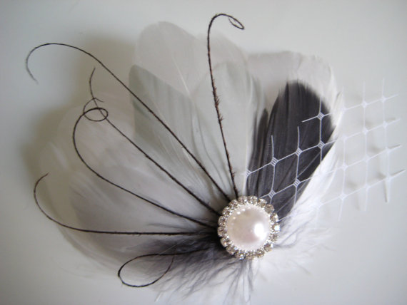 Wedding - Wedding Bridal Bridesmaid White Black Charcoal Grey Feather Rhinestone Jewel White Veiling Head Piece Hair Clip Fascinator