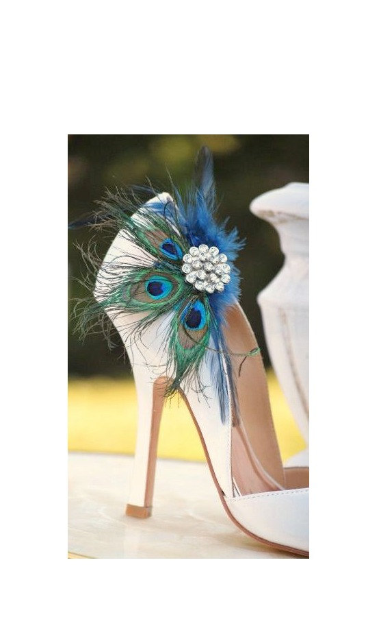Wedding - Wedding Peacock Feather Shoe Clips, Navy & Rhinestone Engagement Accessory, Date Night Out Party, Best Seller Bridal Gift Guide Idea for Her