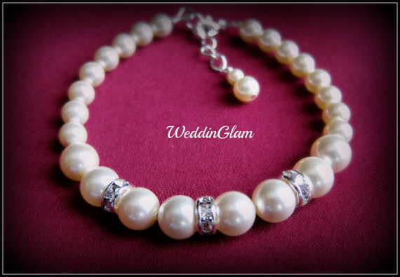 Hochzeit - Pearl Bridal Bracelet,Bridesmaid gift, Swarovski Bridal Jewelry Bracelet, Ivory pearls & rhinestone rondelle bracelet, Maid of honor gift