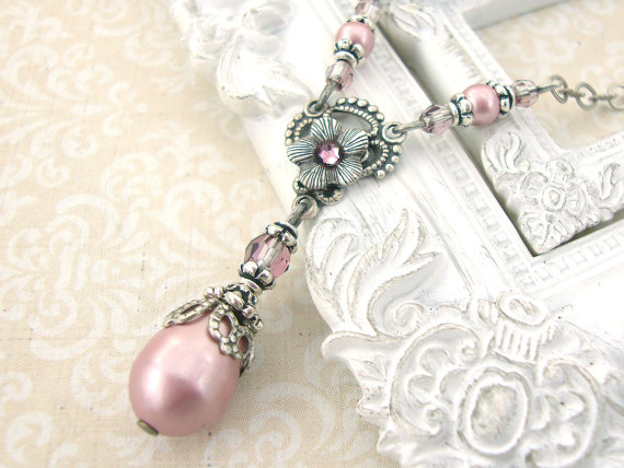 Wedding - Dainty Powder Pink Victorian Necklace - Pink Pearl Wedding Necklace Swarovski Crystal Antique Silver Dusty Pink Victorian Wedding Jewelry