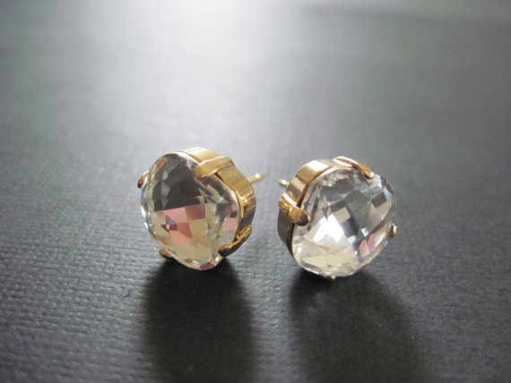 Wedding - Clear Swarovski Crystal Studs/ Bridesmaid Jewelry/ Bridal Jewelry/ Crystal Stud Earings/ Crystal Cushion Stones