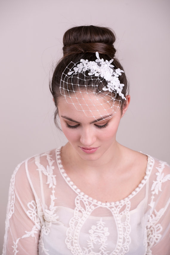 زفاف - Lace birdcage veil in white or ivory, petite birdcage veil, Wedding Veil