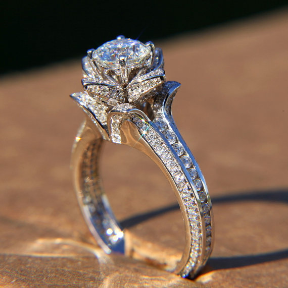 Wedding - UNIQUE Flower Rose Diamond Engagement or Right Hand Ring - 2.20 carat - 14K white gold - wedding - brides - fL01